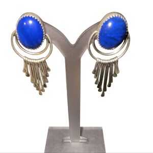 Navajo Signed Augustine Largo Lapis and Sterling Silver Dangle Earrings